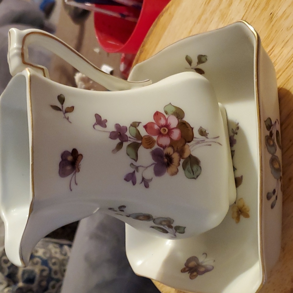 Vintage Lefton Pitcher and square bowl hand painted flowers and butterflies.